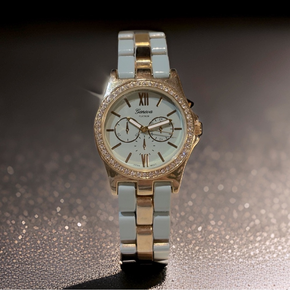 Geneva Fashion Watch‎ Crystal with Chronograph Style Face Teal Mint Green, Gold